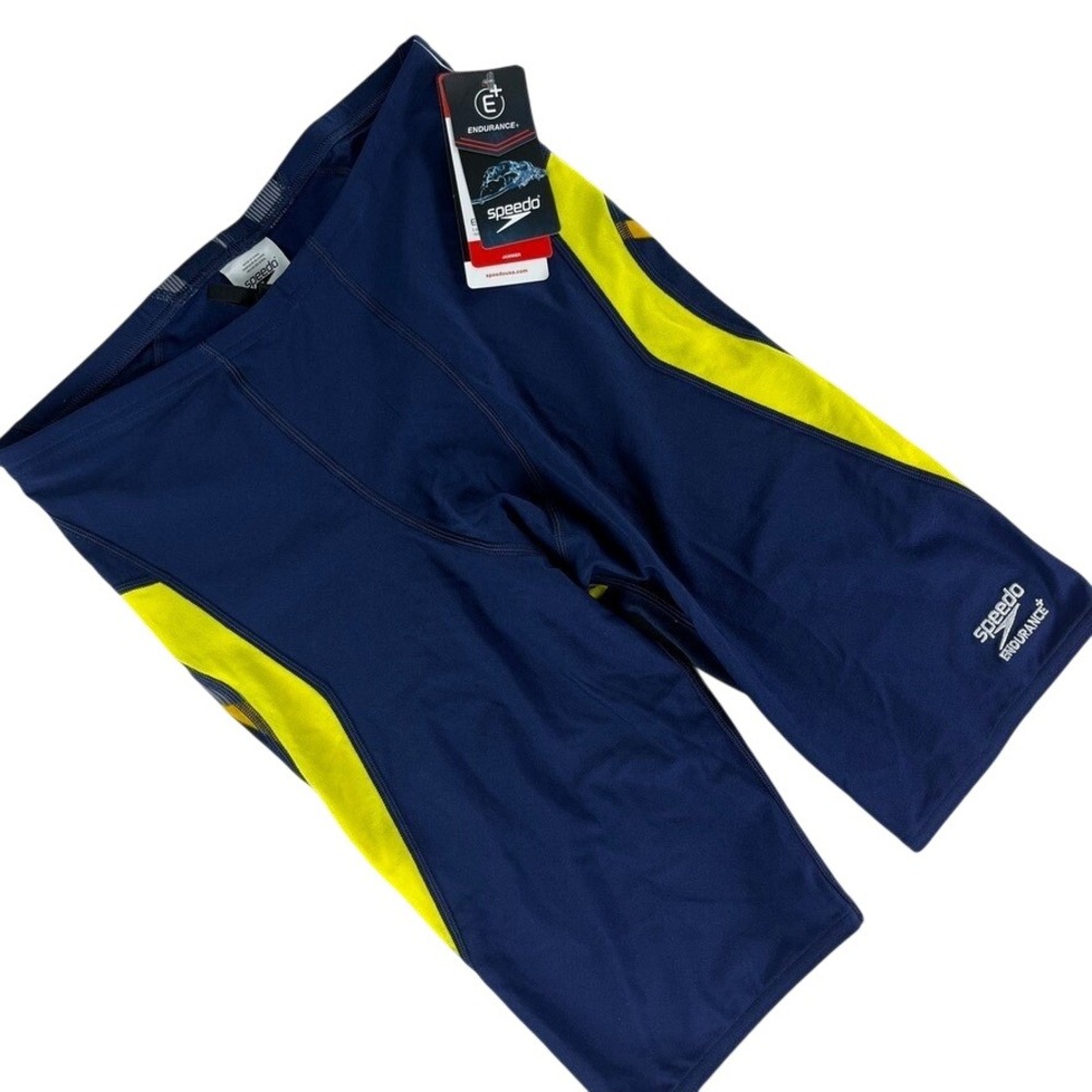 Speedo Endurance+ Jammer Swim Trunks Mens 32 Navy Yellow Chlorine Resistant NWT